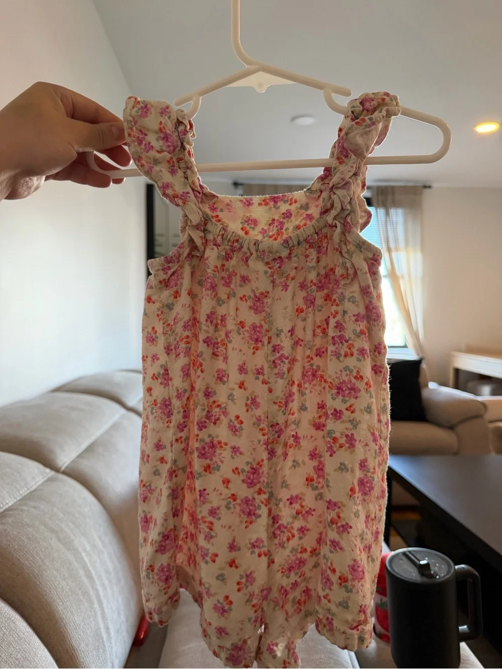 Baby GAP Girls Floral Ruffle Romper - Cream with Pink Flowers 100% Linen